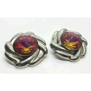 Vintage Earrings Watermelon Rivoli Faceted Rhinestone Clip Huge Prism 1970s